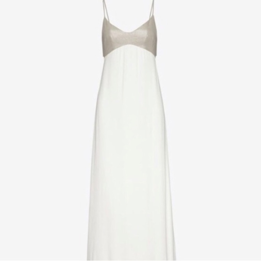 L’AGENCE white/ivory/cream, silver woven spaghetti strap maxi dress, pockets